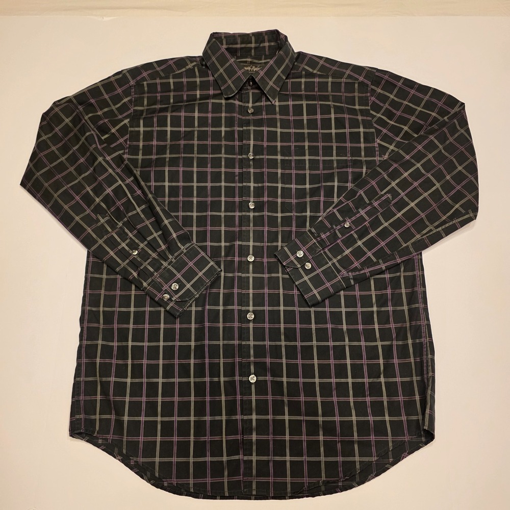 Kenneth Roberts Platinum Mens Large Black Purple Plaid Paisley Dress Shirt